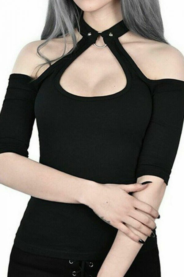 The Best Women Summer Gothic Tops Ladies Casual Off Shoulder Halter Neck Slim Chain Punk Crop Vest Tops Hot Online - Takalr