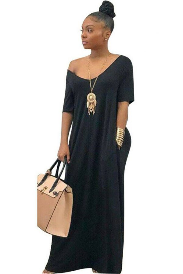 The Best Women Summer Holiday Short Sleeve Baggy Off Shoulder Kaftan Maxi Oversized Dress Solid Casual Pocket Sundress Online - Takalr