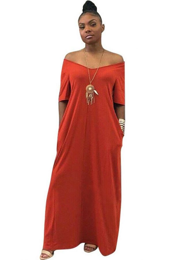 The Best Women Summer Holiday Short Sleeve Baggy Off Shoulder Kaftan Maxi Oversized Dress Solid Casual Pocket Sundress Online - Takalr