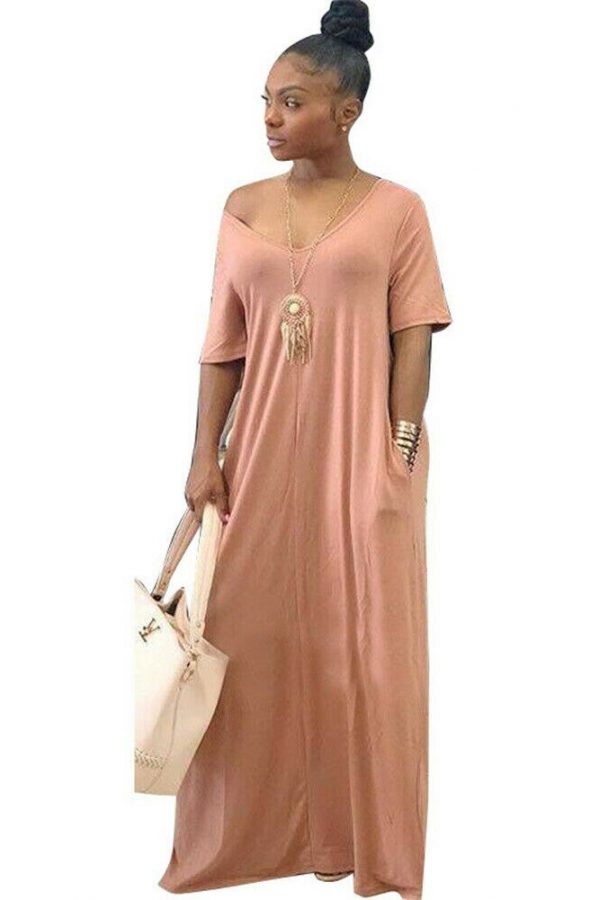 The Best Women Summer Holiday Short Sleeve Baggy Off Shoulder Kaftan Maxi Oversized Dress Solid Casual Pocket Sundress Online - Takalr