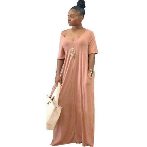 The Best Women Summer Holiday Short Sleeve Baggy Off Shoulder Kaftan Maxi Oversized Dress Solid Casual Pocket Sundress Online - Takalr