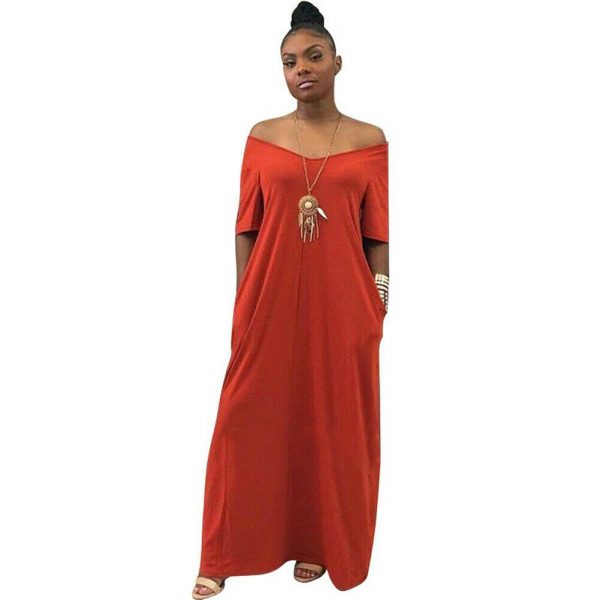 The Best Women Summer Holiday Short Sleeve Baggy Off Shoulder Kaftan Maxi Oversized Dress Solid Casual Pocket Sundress Online - Takalr