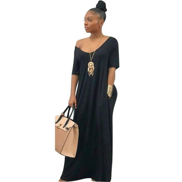 The Best Women Summer Holiday Short Sleeve Baggy Off Shoulder Kaftan Maxi Oversized Dress Solid Casual Pocket Sundress Online - Takalr