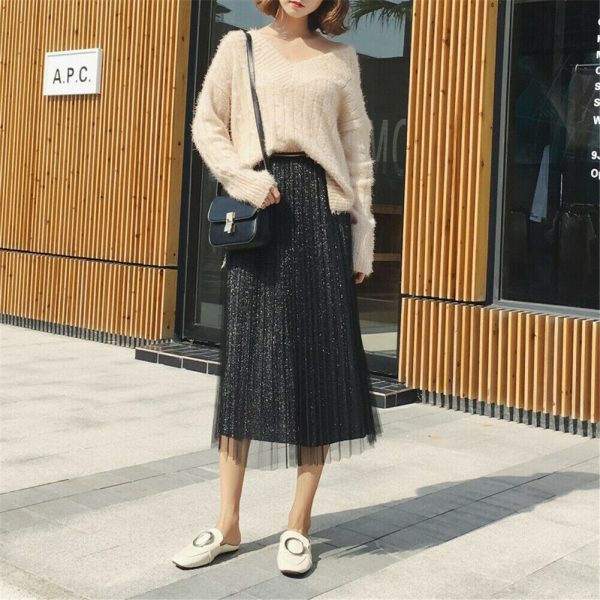 The Best Women Summer Lace Pleated Skirt OL Ladies Fashion Elastic Waist Knee Length Solid Casual Long Swing Skirt Hot Online - Takalr