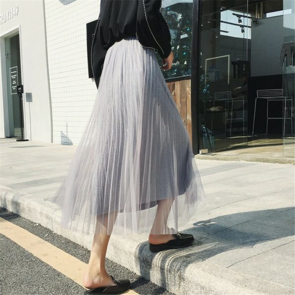 The Best Women Summer Lace Pleated Skirt OL Ladies Fashion Elastic Waist Knee Length Solid Casual Long Swing Skirt Hot Online - Takalr