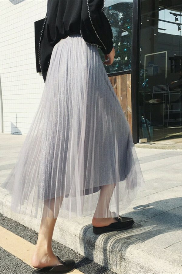 The Best Women Summer Lace Pleated Skirt OL Ladies Fashion Elastic Waist Knee Length Solid Casual Long Swing Skirt Hot Online - Takalr