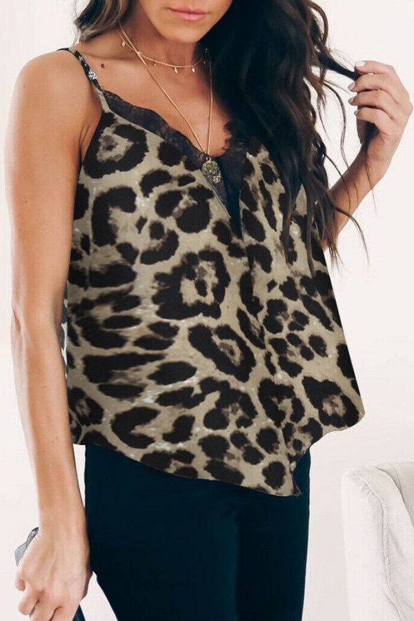 The Best Women Summer Leopard Print Lace Vest Sleeveless Loose Camisole Ladies Casual V-Neck Beach Tank Tops Blouse Shirt Online - Takalr