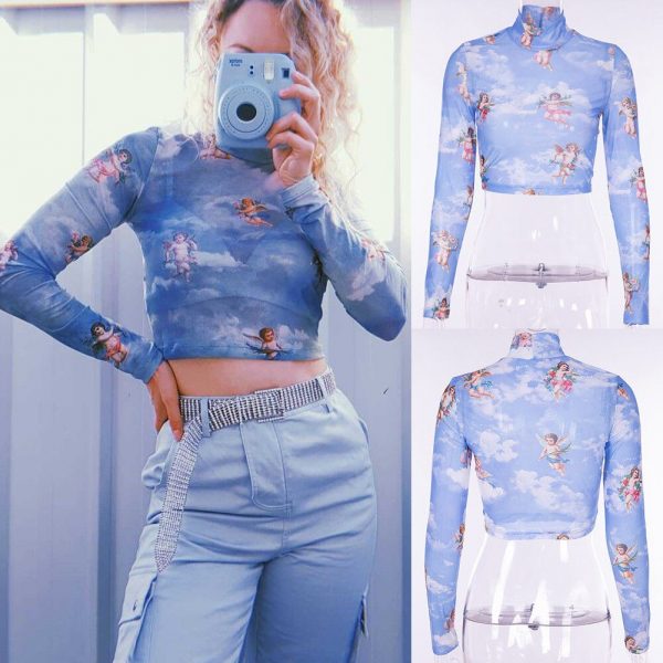 The Best Women Summer Long Sleeve Mesh Perspective Turtleneck Crop Tops Printed Fashion Ladies Casual Shirt Blouse Online - Takalr