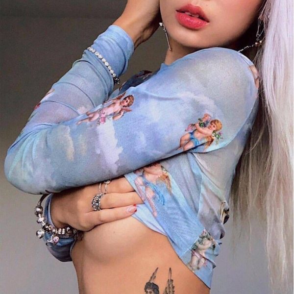 The Best Women Summer Long Sleeve Mesh Perspective Turtleneck Crop Tops Printed Fashion Ladies Casual Shirt Blouse Online - Takalr