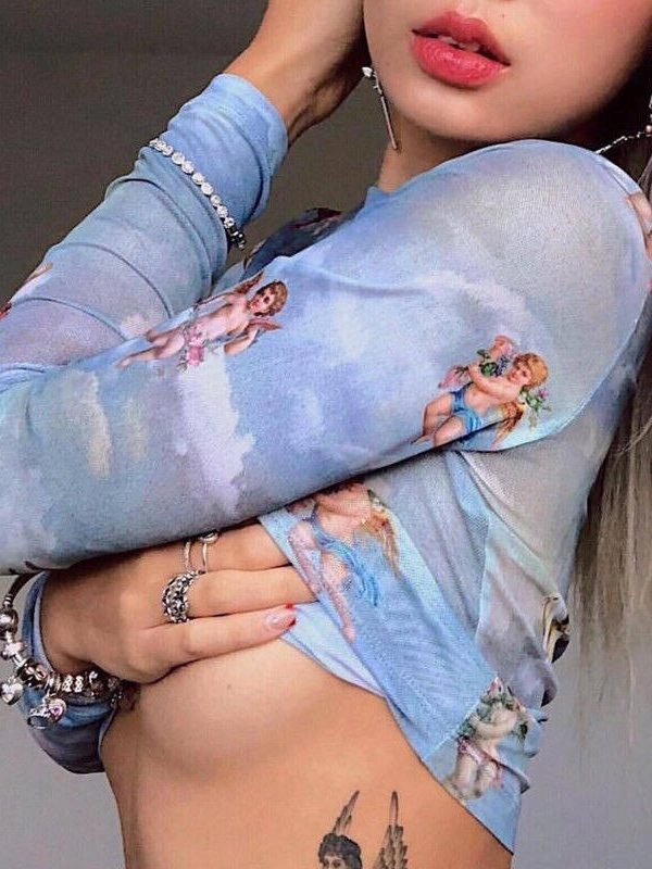 The Best Women Summer Long Sleeve Mesh Perspective Turtleneck Crop Tops Printed Fashion Ladies Casual Shirt Blouse Online - Takalr