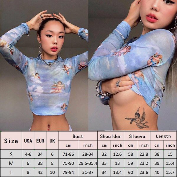 The Best Women Summer Long Sleeve Mesh Perspective Turtleneck Crop Tops Printed Fashion Ladies Casual Shirt Blouse Online - Takalr