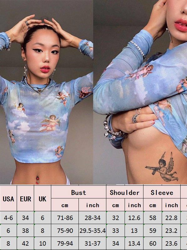 The Best Women Summer Long Sleeve Mesh Perspective Turtleneck Crop Tops Printed Fashion Ladies Casual Shirt Blouse Online - Takalr