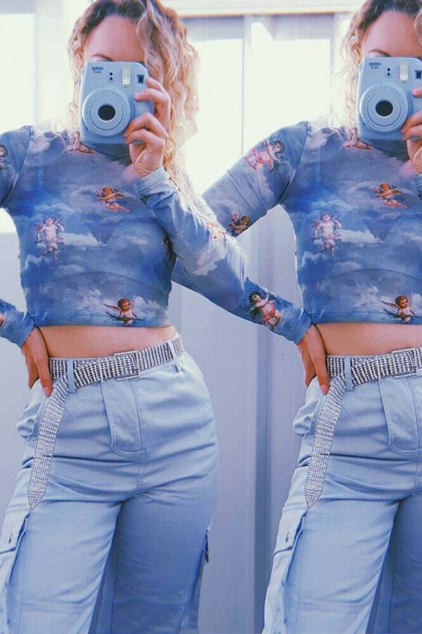 The Best Women Summer Long Sleeve Mesh Perspective Turtleneck Crop Tops Printed Fashion Ladies Casual Shirt Blouse Online - Takalr