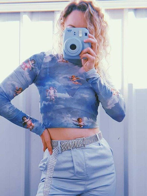 The Best Women Summer Long Sleeve Mesh Perspective Turtleneck Crop Tops Printed Fashion Ladies Casual Shirt Blouse Online - Takalr