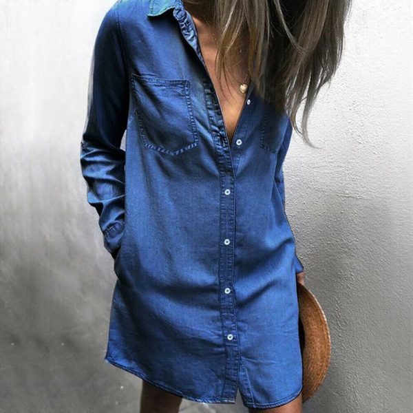 The Best Women Summer Mini Denim Jeans Dress 2019 New Fashion Ladies Casual Long Sleeve V Neck Loose Top Blouse Shirt Dress Online - Takalr