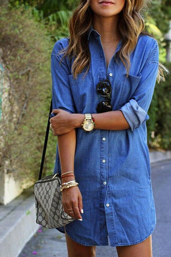 The Best Women Summer Mini Denim Jeans Dress 2019 New Fashion Ladies Casual Long Sleeve V Neck Loose Top Blouse Shirt Dress Online - Takalr