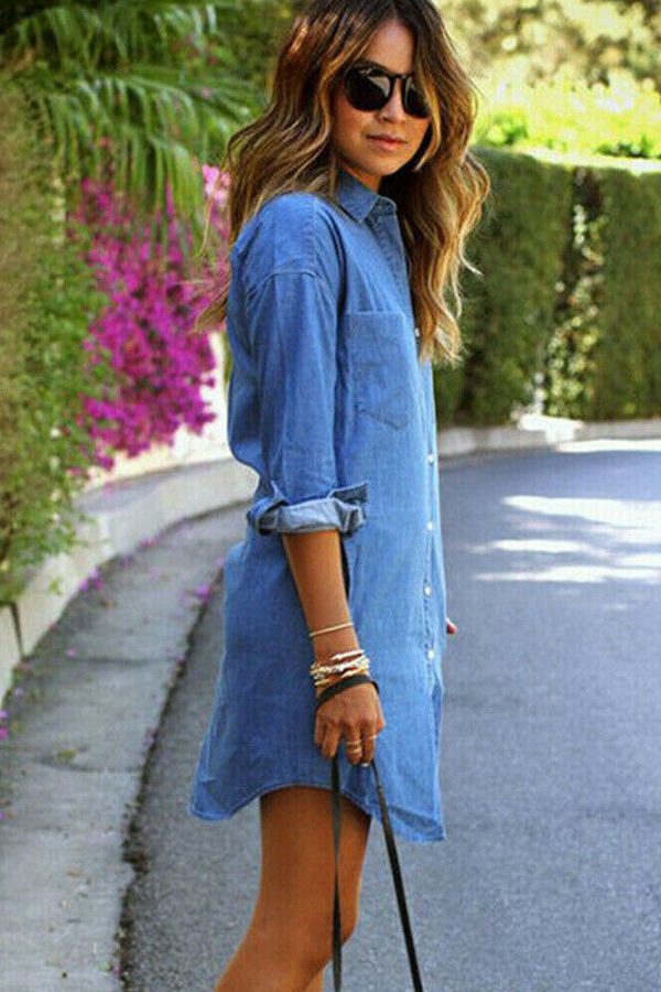 The Best Women Summer Mini Denim Jeans Dress 2019 New Fashion Ladies Casual Long Sleeve V Neck Loose Top Blouse Shirt Dress Online - Takalr