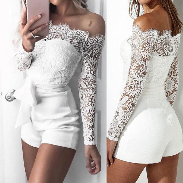 The Best Women Summer Off Shoulder Sexy Playsuits Fashion Ladies Long Sleeve Sheer Lace Patchwork Hollow Bandage Skinny Playsuits Online - Takalr