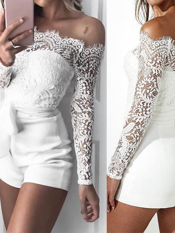 The Best Women Summer Off Shoulder Sexy Playsuits Fashion Ladies Long Sleeve Sheer Lace Patchwork Hollow Bandage Skinny Playsuits Online - Takalr