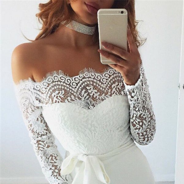 The Best Women Summer Off Shoulder Sexy Playsuits Fashion Ladies Long Sleeve Sheer Lace Patchwork Hollow Bandage Skinny Playsuits Online - Takalr