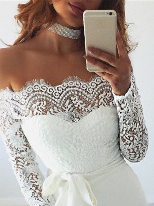 The Best Women Summer Off Shoulder Sexy Playsuits Fashion Ladies Long Sleeve Sheer Lace Patchwork Hollow Bandage Skinny Playsuits Online - Takalr