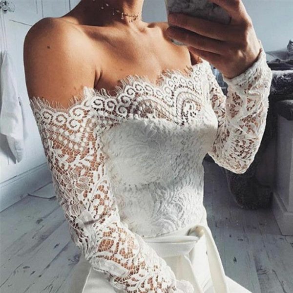 The Best Women Summer Off Shoulder Sexy Playsuits Fashion Ladies Long Sleeve Sheer Lace Patchwork Hollow Bandage Skinny Playsuits Online - Takalr