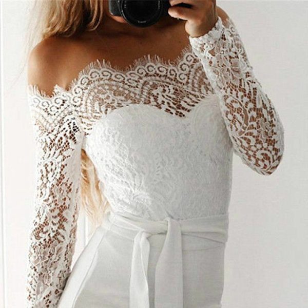 The Best Women Summer Off Shoulder Sexy Playsuits Fashion Ladies Long Sleeve Sheer Lace Patchwork Hollow Bandage Skinny Playsuits Online - Takalr