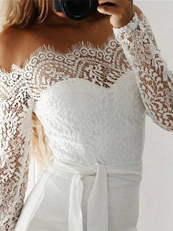 The Best Women Summer Off Shoulder Sexy Playsuits Fashion Ladies Long Sleeve Sheer Lace Patchwork Hollow Bandage Skinny Playsuits Online - Takalr