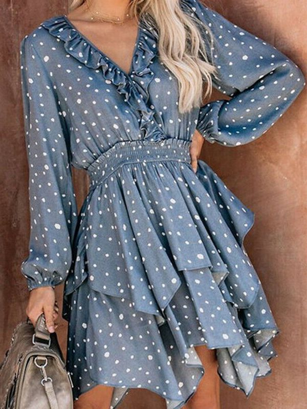 The Best Women Summer Polka Dot Long Sleeve V-Neck Maxi Dress Fashion Boho Holiday Beach Pierced Ruffled Asymmetrical Dress Sundress Online - Takalr