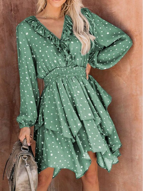 The Best Women Summer Polka Dot Long Sleeve V-Neck Maxi Dress Fashion Boho Holiday Beach Pierced Ruffled Asymmetrical Dress Sundress Online - Takalr