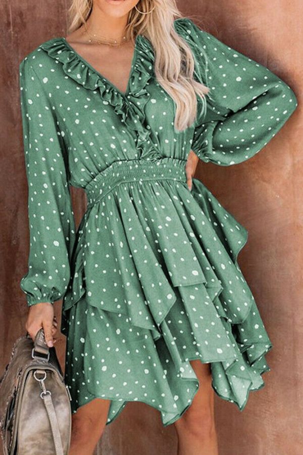 The Best Women Summer Polka Dot Long Sleeve V-Neck Maxi Dress Fashion Boho Holiday Beach Pierced Ruffled Asymmetrical Dress Sundress Online - Takalr