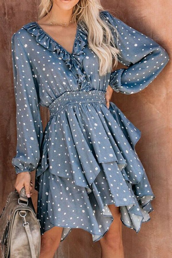 The Best Women Summer Polka Dot Long Sleeve V-Neck Maxi Dress Fashion Boho Holiday Beach Pierced Ruffled Asymmetrical Dress Sundress Online - Takalr