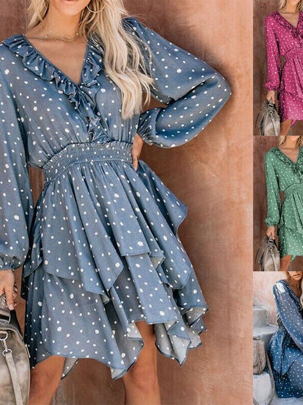 The Best Women Summer Polka Dot Long Sleeve V-Neck Maxi Dress Fashion Boho Holiday Beach Pierced Ruffled Asymmetrical Dress Sundress Online - Takalr