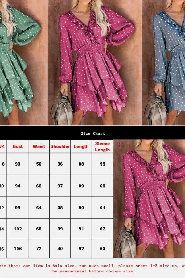 The Best Women Summer Polka Dot Long Sleeve V-Neck Maxi Dress Fashion Boho Holiday Beach Pierced Ruffled Asymmetrical Dress Sundress Online - Takalr