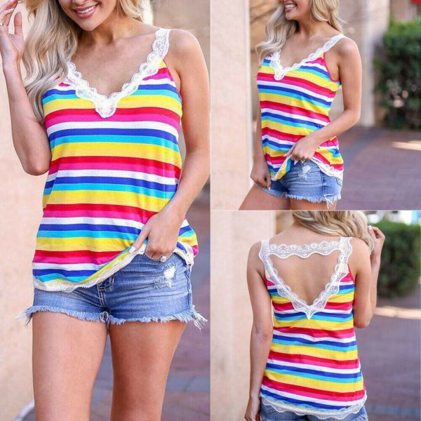 The Best Women Summer Rainbow Vest Top Sleeveless Blouse Beach Ladies Lace Backless Casual Loose Tank Tops Shirt Tee Cami Online - Takalr