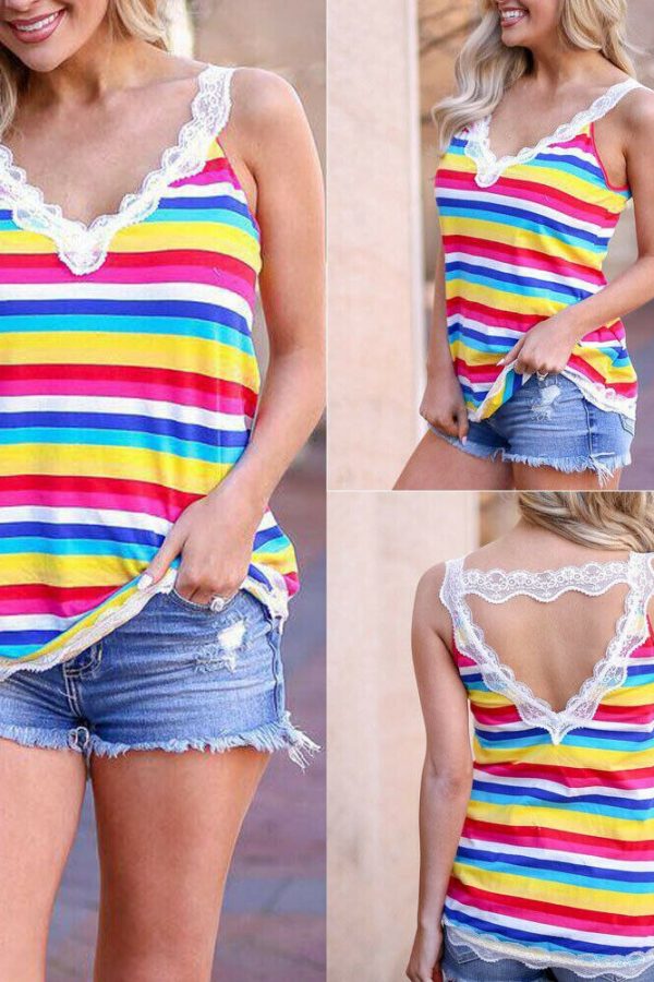 The Best Women Summer Rainbow Vest Top Sleeveless Blouse Beach Ladies Lace Backless Casual Loose Tank Tops Shirt Tee Cami Online - Takalr