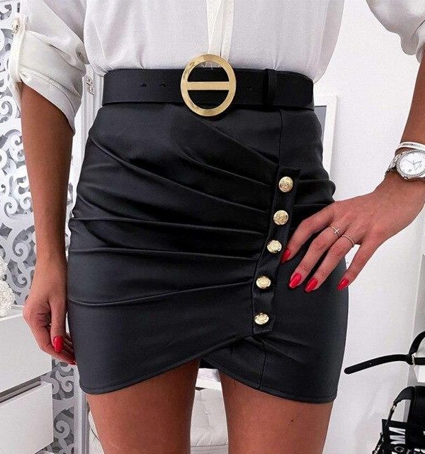 Women Summer Sexy Black River Wrinkle Leather Zipper High Waist Mini Skirt Slim Bodycon Skirts Womens Clothes Streetwear - Takalr