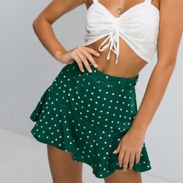 Women Summer Sexy Chiffon Skort Green Dot Print High Waist Lace Up Ruffle Mini Skirt Korean Skirts Womens Clothes Streetwear - Takalr