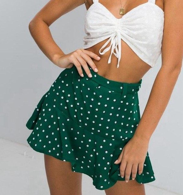 Women Summer Sexy Chiffon Skort Green Dot Print High Waist Lace Up Ruffle Mini Skirt Korean Skirts Womens Clothes Streetwear - Takalr