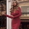 The Best Women Summer Sexy Long Sleeve Low Collar V-Neck Dress Bandage Bodycon High Waist Dress Fashion New Slim Solid Short Pencil Dress Online - Takalr