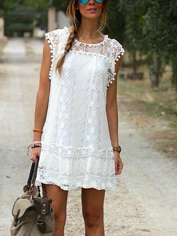 The Best Women Summer Short Mini Dress Lace Chiffon Dress Ladies Fashion Floral Sleeveless Holiday Beach Sundress New Solid Casual Dress Online - Takalr