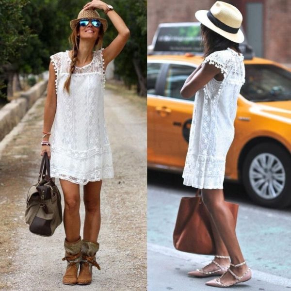 The Best Women Summer Short Mini Dress Lace Chiffon Dress Ladies Fashion Floral Sleeveless Holiday Beach Sundress New Solid Casual Dress Online - Takalr