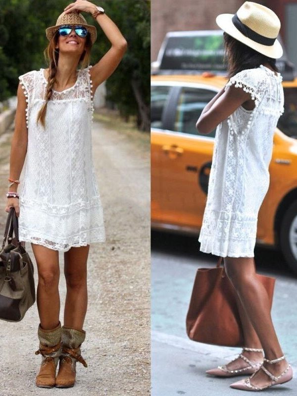 The Best Women Summer Short Mini Dress Lace Chiffon Dress Ladies Fashion Floral Sleeveless Holiday Beach Sundress New Solid Casual Dress Online - Takalr