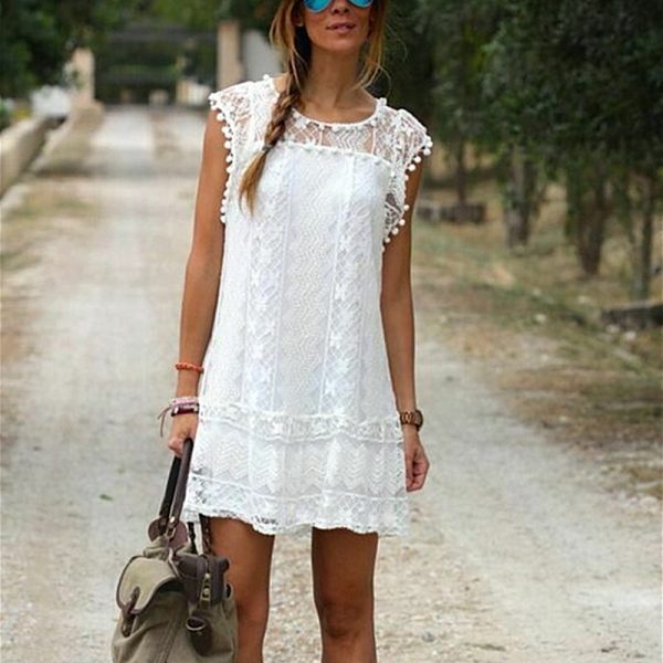 The Best Women Summer Short Mini Dress Lace Chiffon Dress Ladies Fashion Floral Sleeveless Holiday Beach Sundress New Solid Casual Dress Online - Takalr