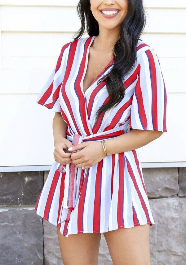 The Best Women Summer Short Mini Dress Ladies Casual Beachwear Short Sleeve V-Neck Striped Casual Chiffon Sundress Online - Takalr