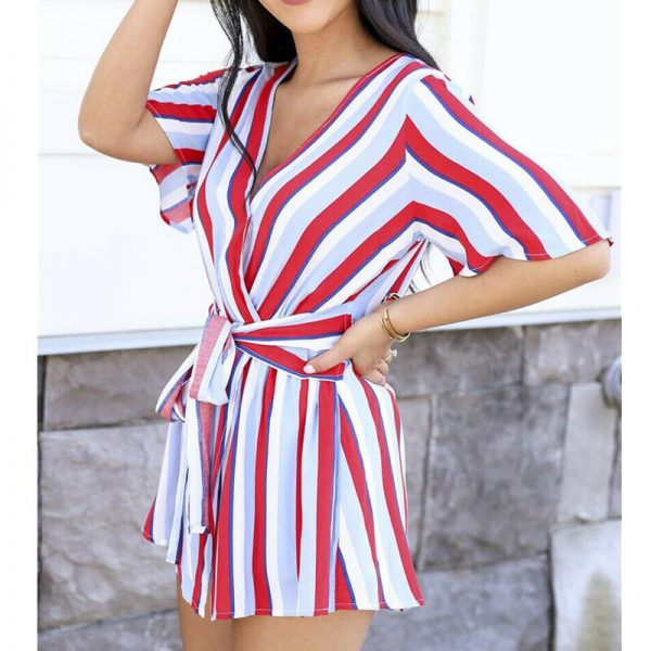 The Best Women Summer Short Mini Dress Ladies Casual Beachwear Short Sleeve V-Neck Striped Casual Chiffon Sundress Online - Takalr