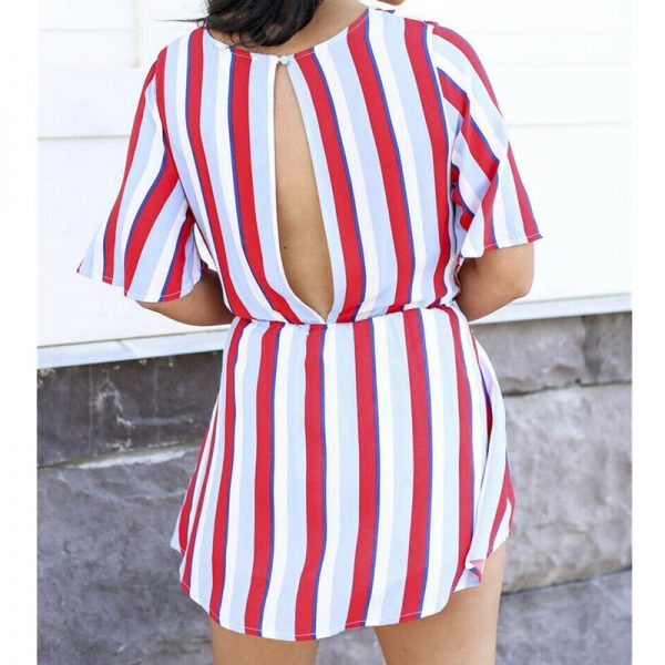 The Best Women Summer Short Mini Dress Ladies Casual Beachwear Short Sleeve V-Neck Striped Casual Chiffon Sundress Online - Takalr