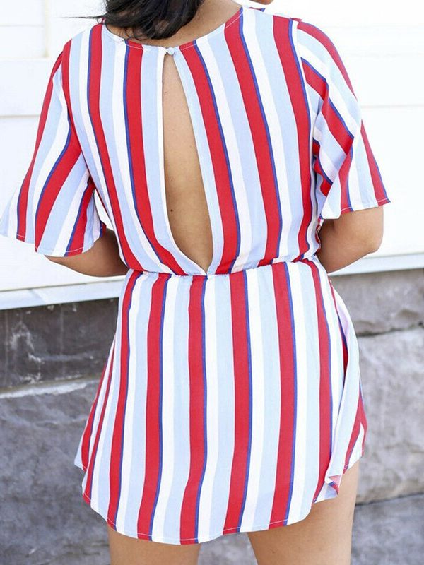 The Best Women Summer Short Mini Dress Ladies Casual Beachwear Short Sleeve V-Neck Striped Casual Chiffon Sundress Online - Takalr