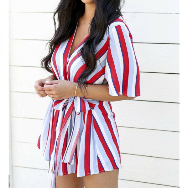 The Best Women Summer Short Mini Dress Ladies Casual Beachwear Short Sleeve V-Neck Striped Casual Chiffon Sundress Online - Takalr