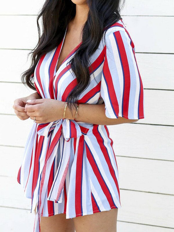 The Best Women Summer Short Mini Dress Ladies Casual Beachwear Short Sleeve V-Neck Striped Casual Chiffon Sundress Online - Takalr